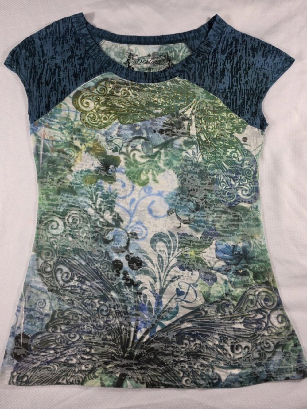Destined USA Vtg Top Women S Floral Rhinestone T Shirt Y2K Fairy Whimsigoth EUC